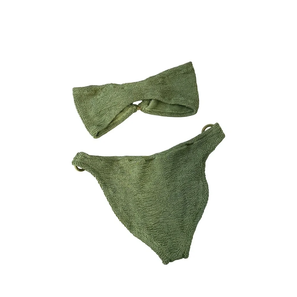 Hunza G Gloria Bandeau Bikini Set Sage Green Seersucker Crinkle One Size